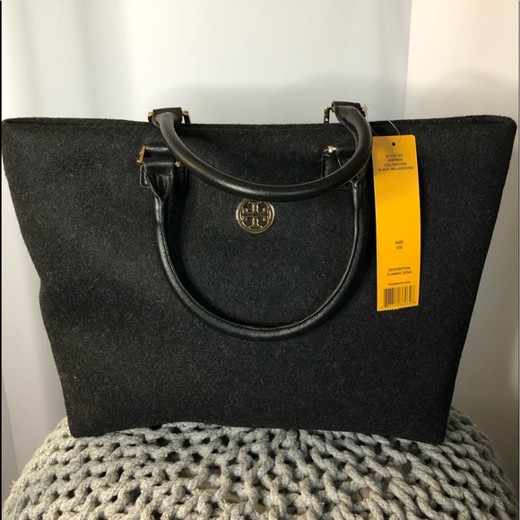 Tory Burch Handbags - NWT Tory Burch Black Dena Wool Flannel Tote Double Rolled Leather Handles